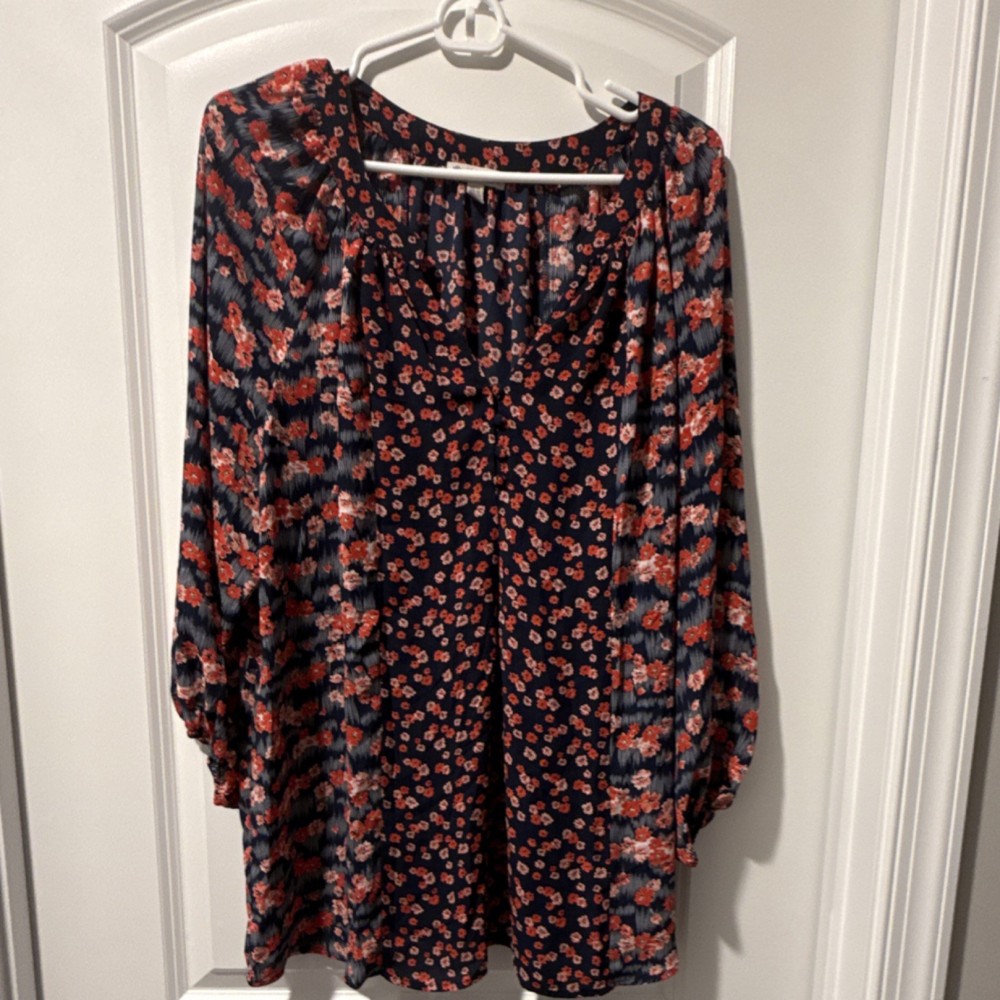 Lila Rose Navy boho Orange Floral Button Knee Length Dress 1X Balloon Sleeve