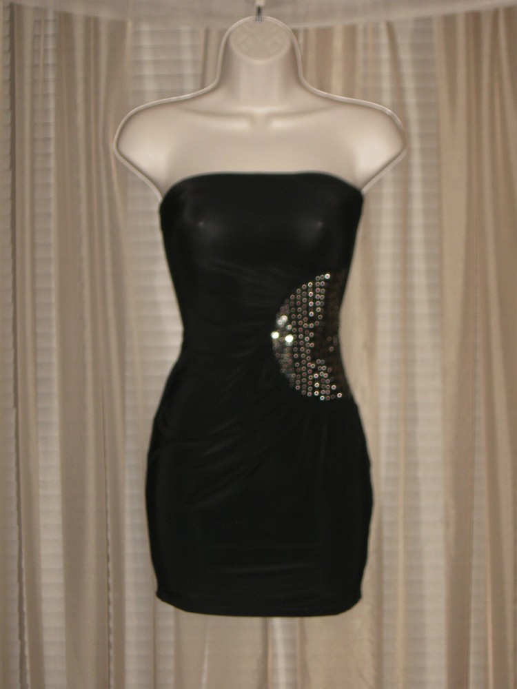 FORPLAY Womens Black Stretch Bodycon See-thru Mini Embelished Mini Dress Sz XS