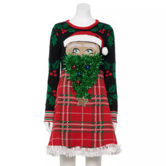UGLY CHRISTMAS DRESS SANTA TINSEL TREE BEARD PLAID LONG SLEEVE JUNIORS/WOMENS