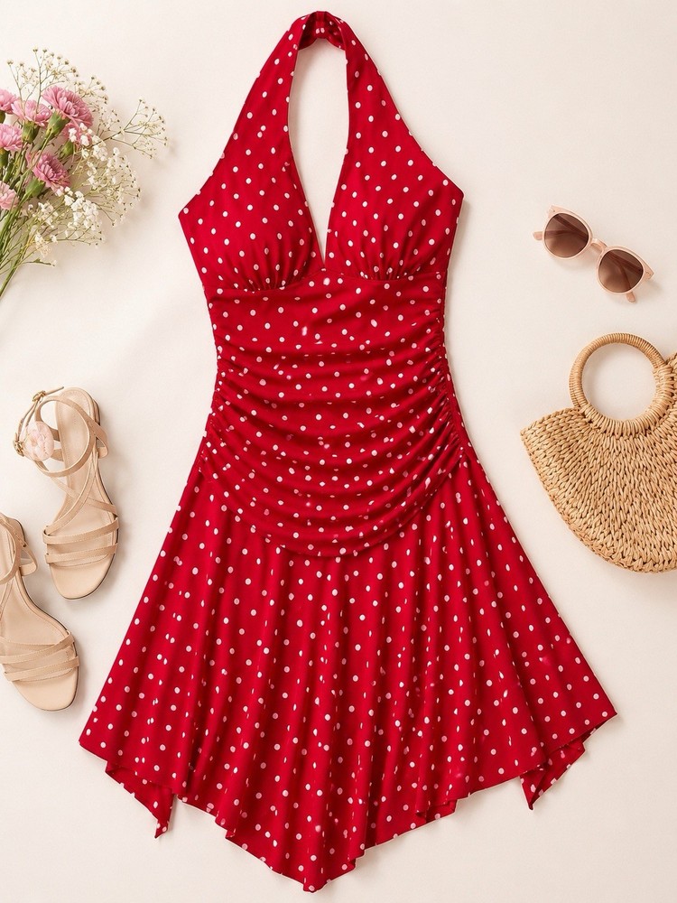 First Look Red Polka Dot Halter Midi Dress Ruched Pin Up Rockabilly S Vintage