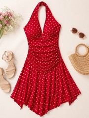First Look Red Polka Dot Halter Midi Dress Ruched Pin Up Rockabilly S Vintage