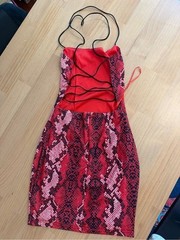 Superdown Red Snake Print Halter Mini Dress XS Lace Up Backless Snakeskin Party