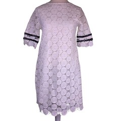 INA White Circle Lace Woman M Shift Dress Mini Black Trim Short Sleeve Dog Show