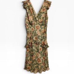Vintage Anna Sui Silk Blend Floral Gold Threaded Ruffle Midi Dress Size 6