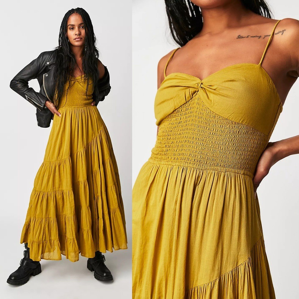 NWT Free People Sundrenched Solid Maxi Dress Medium Bitter Oil Yellow Green