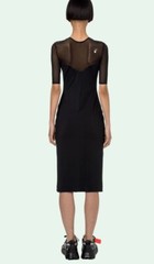 Off White Sheer Stretch Reversible Black Logo Zipper Midi Knee Dress Bodycon S