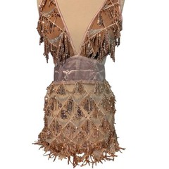 Dress L Sequin Tassel Fringe Sheer Mesh Champaign Louisa Mini Bella Barnett New