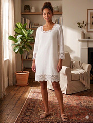 Talbots White Lace Trim Scoop Neck 3/4 Sleeve Shift Knee Length Dress M