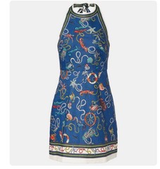 Womens 100% Linen Nautical Halter Mini Dress Navy Blue Summer Beach Casual Dress