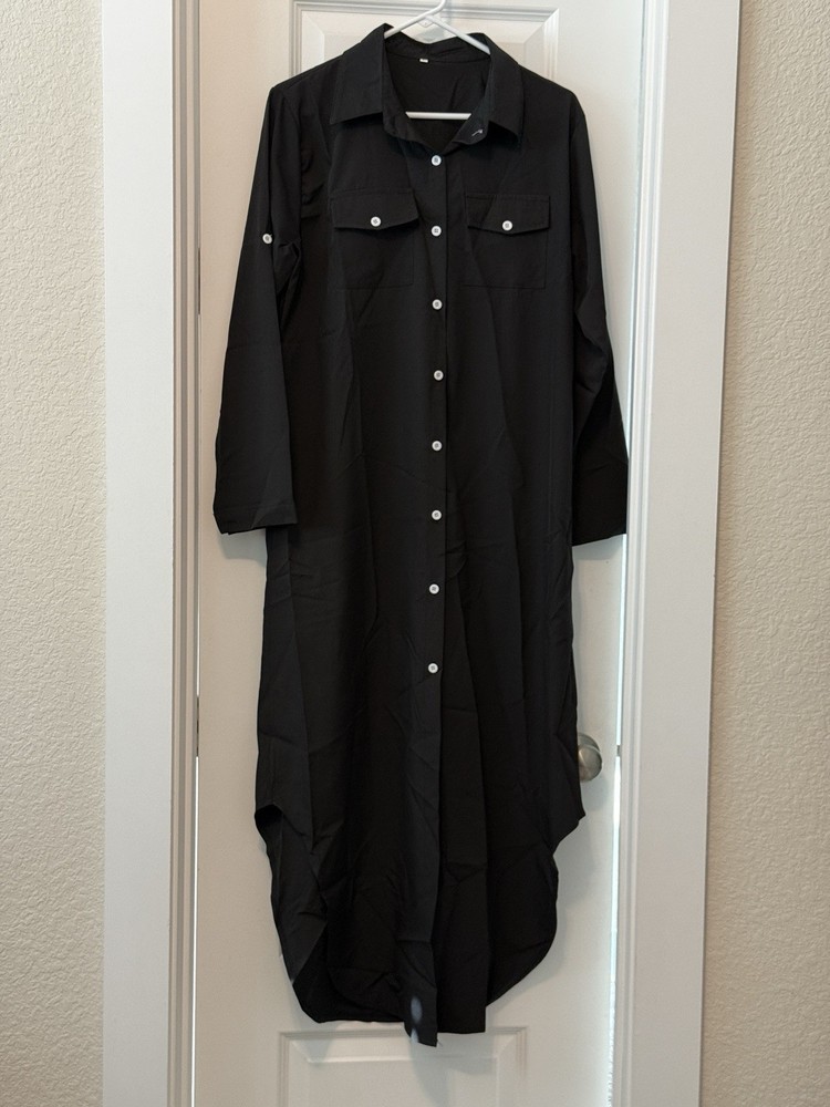 Black Solid Shirt Dress Button-Front Pockets Collared Long Sleeve Long L