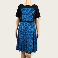 Plenty Tracy Reese Black Teal Blue Printed Knit A-Line Sheath Career Dress Sz 10