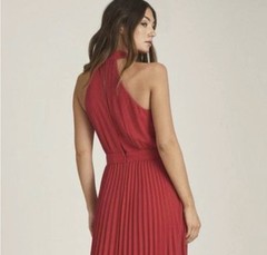 Reiss Red Pleated Halter Midi Dress Berry Pink Gold Button Detail Size 4