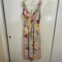 H&M Floral Summer Cotton Linen Maxi Dress Fully Lined Adjustable Long Large / L