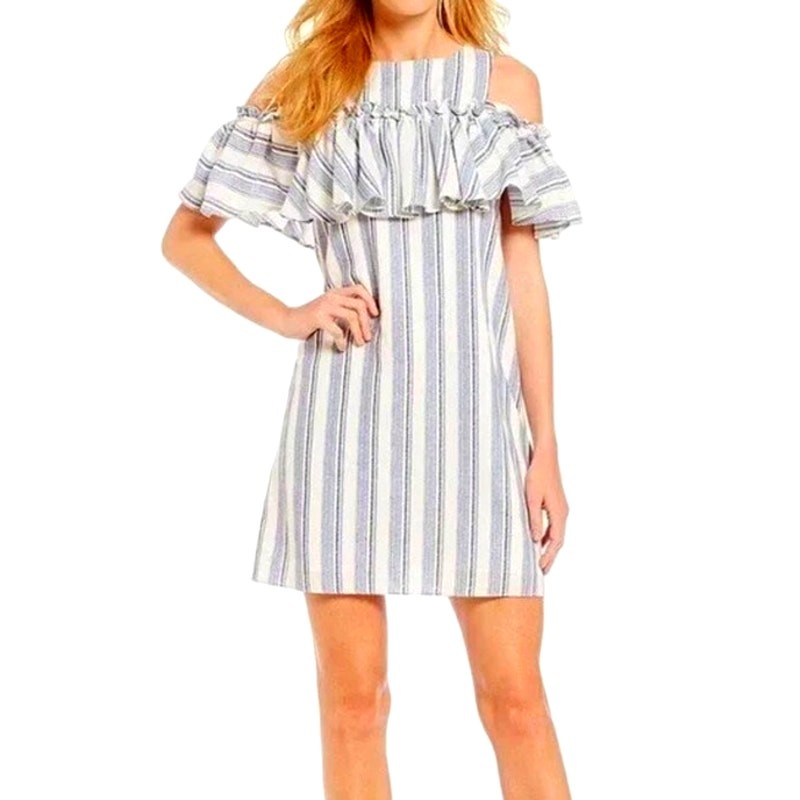 Gianni Bini Women&rsquo;s Medium Blue White Striped Off Shoulder Ruffle Mini Dress