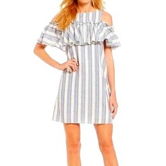 Gianni Bini Women&rsquo;s Medium Blue White Striped Off Shoulder Ruffle Mini Dress