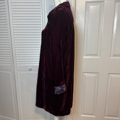 Natural Life Burgundy Velvet Button Down Shirt Dress Floral Trim Medium