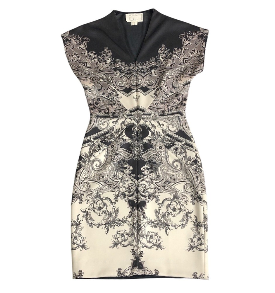 Artelier Nicole Miller Dress Womens 2 Brown Baroque Front Zip Body Con Sheath