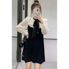 Zara Women Black Cream Contrast Bow Ruffle Knit Mini Dress M Blogger Fave