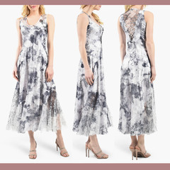NWT Komarov [ Large ] Lace Up Back Charmeause Maxi Dress Watercolor Floral U1182