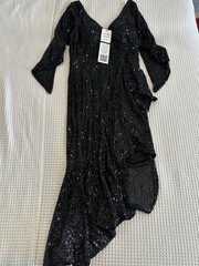 NEW Dalia Macphee All Over Sequin Asymmetrical Dress Black Cascade Size Medium