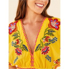 FARM Rio Yellow Embroidered Tiered Midi Dress