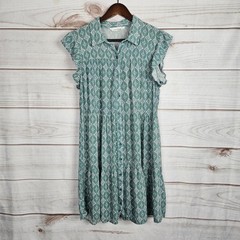 Lucky Brand Green Medallion Tiered Button Front Mini Dress Flutter Sleeve Medium
