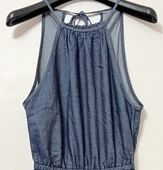 NY & Company Chambray Denim Tiered Cottage Core Halter Maxi Dress XXS Petite