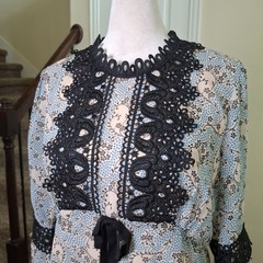 NEW Anna Sui Dress Blue 6 Midi Boho Floral Lace Cottagecore Goth Bell Sleeve