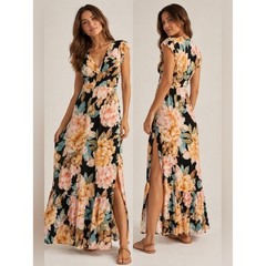 O&rsquo;Neill Floral Maxi Dress Small Side Slit Ruffle Boho Tropical Print