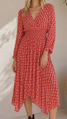 Maje Long Sleeve Monogram Print Crepe Midi Dress Red Size Medium Timeless Chic