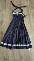 Navy/White Halter Sleeveless Smocked Fit & Flare Midi Dress M