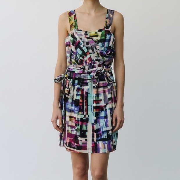 Ali Ro 100% Silk Multicolor Abstract Print Sleeveless Belted Mini Dress sz 0