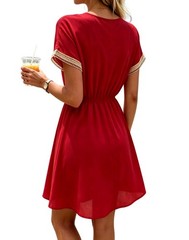 V Neck Lace Summer DRESS SOLID Short Sleeve SWEET A Line Party Sundress S-3XL