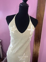 Beige Solid Crochet Halter Tie Back Starfish Applique Maxi Dress, One Size