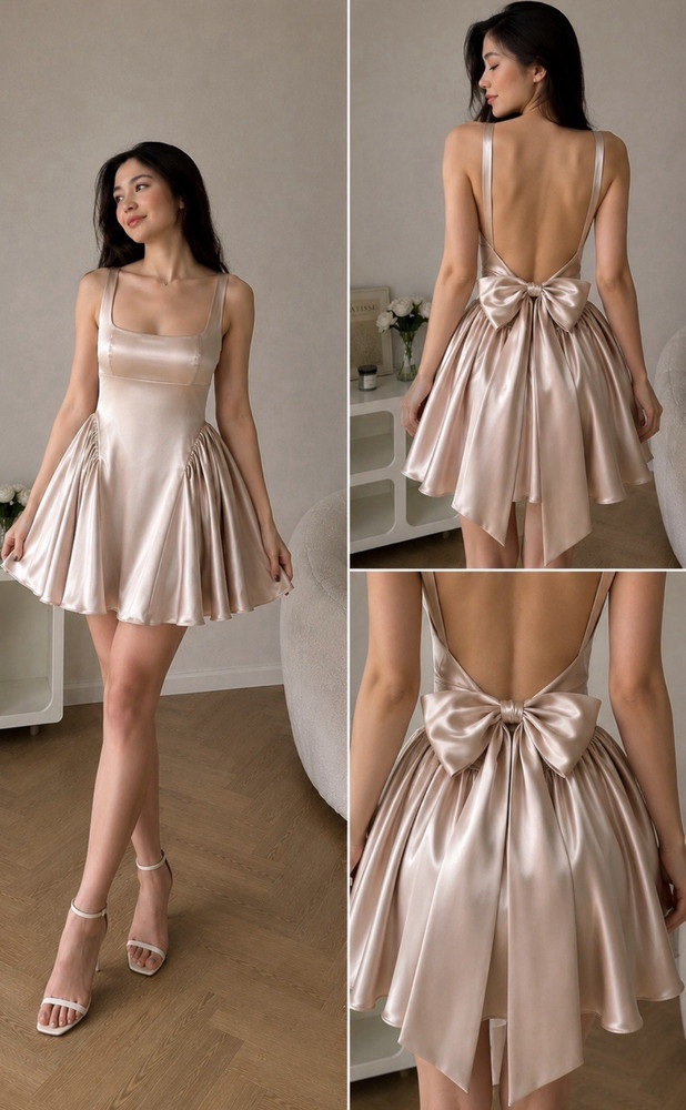 Gianni Bini Beige Satin Square Neck Backless Bow Pleated A-Line Dress 8