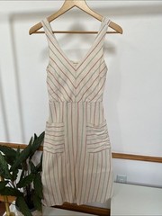 V-Neck Cream Midi Dress with red and Gray Stripes