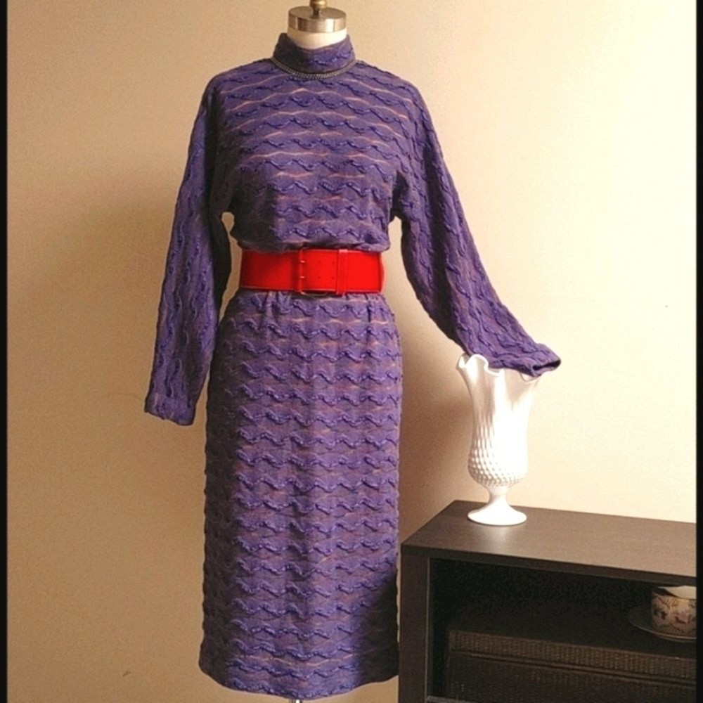 Vintage 80s Purple Long Shift Dolman Sleeves Dress with Texture