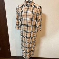 Burberry Nova Check Dress L (40) Beige High Neck Three Quarter Sleeve Auth