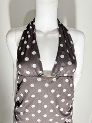 Caroline Constas Brown White Polka Dot Halter Backless Slit Mesh Midi Dress L