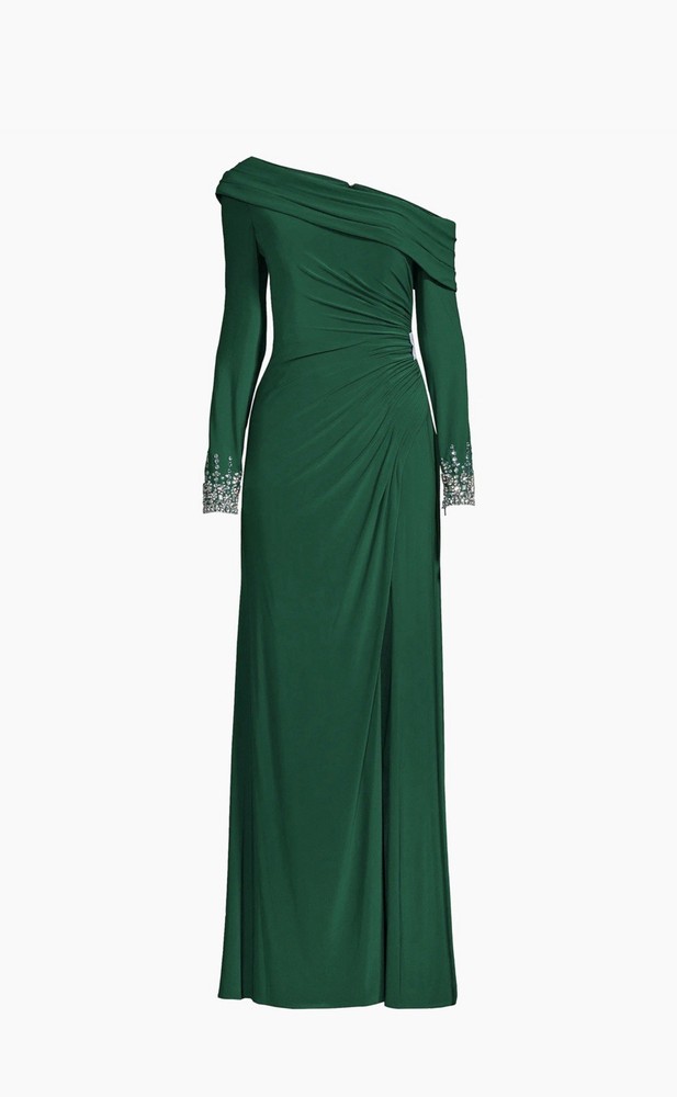 Mac Duggal 14 Green Solid One Shoulder Long Sleeve Beaded Slit Long Gown