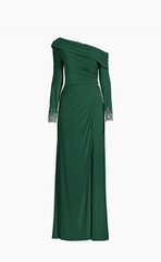 Mac Duggal 14 Green Solid One Shoulder Long Sleeve Beaded Slit Long Gown