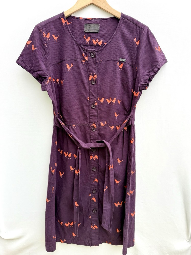 Numph Mia T Bird Print Button Down Belted Dress Purple Scoop Neck Cotton UK 14