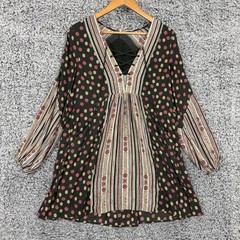Free People Dress Womens Small Black Boho Lace Up Long Sleeve Floral Tunic S