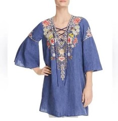JOHNNY WAS Workshop Embroidered Linen Dress Small Bell Sleeves Boho Chic