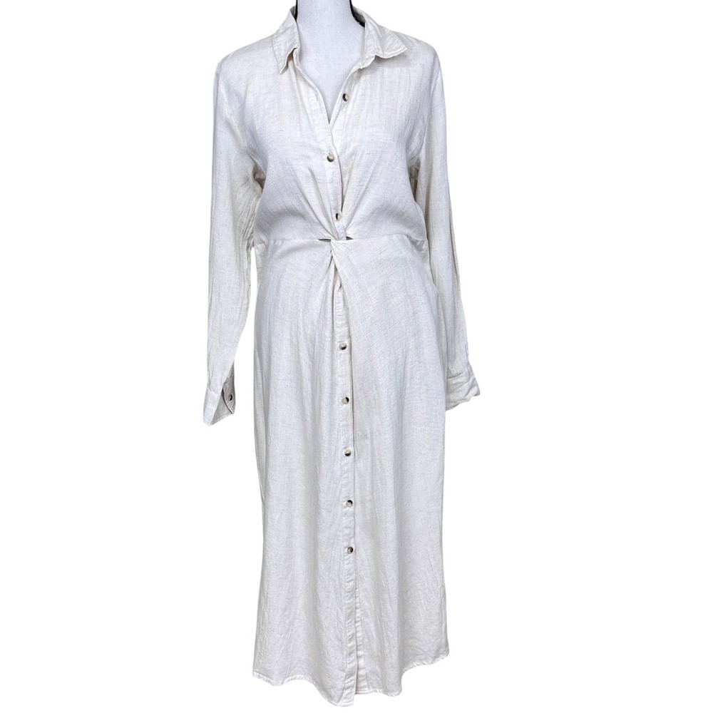 Sim & Sam Twist Front Button Down Dress Womens Large Beige Rayon Linen Midi NWT