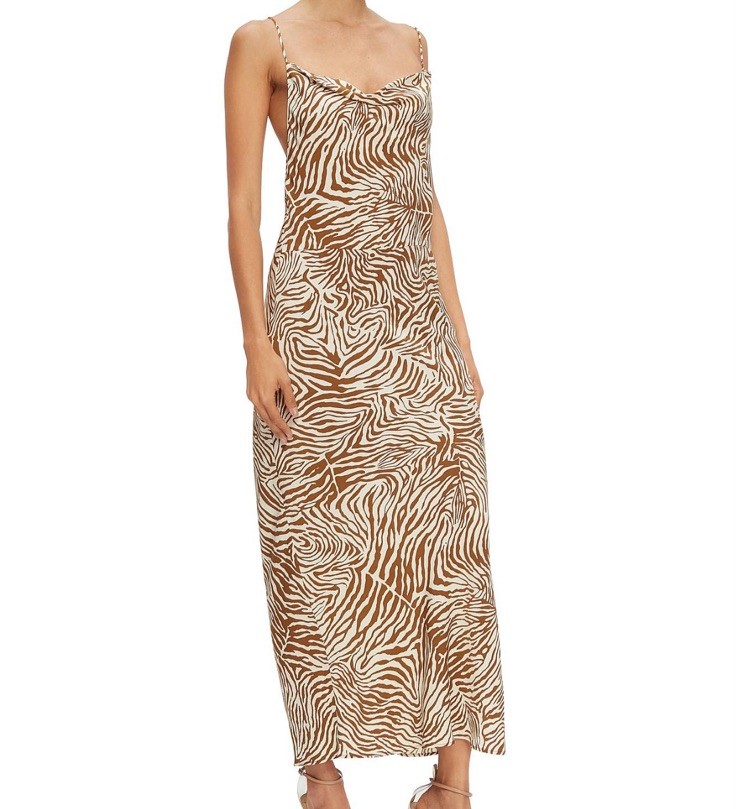 Samsoe Samsoe Apples Zebra Cowl Neck Open Back Maxi Slip Dress Brown Size XL