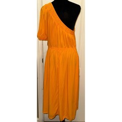 Nine West Womens One Shoulder Smocked Midi Dress Orange Pockets Large