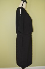 Adrianna Papell Beaded Trim Pintuck Dress Split Sleeve Black LBD Size 12 NWT