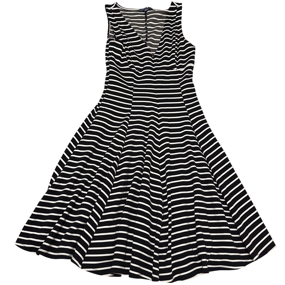 Peter Som DesigNation Black White Striped V-Neck Fit Flare Dress Womens 4