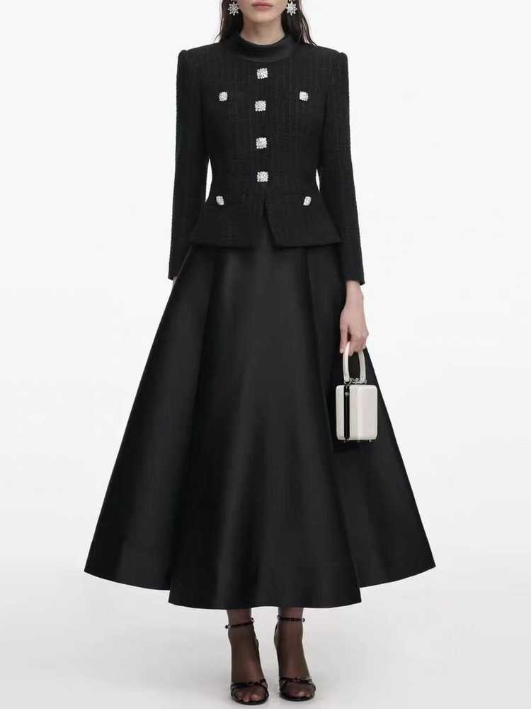 Self Portrait Black tweed patchwork long-sleeved stand-up collar Dresses